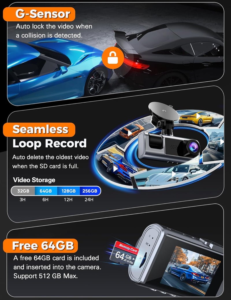 galphi 3 Channel WiFi Dash Cam Front and Rear Inside with 64GB SD Card, 2.5K+1080P+1080P Car Dash Camera for Cars Front and Rear, Dashcam with G-Sensor, Loop Recording, 24H Parking Mode, Support 512GB - Image 4